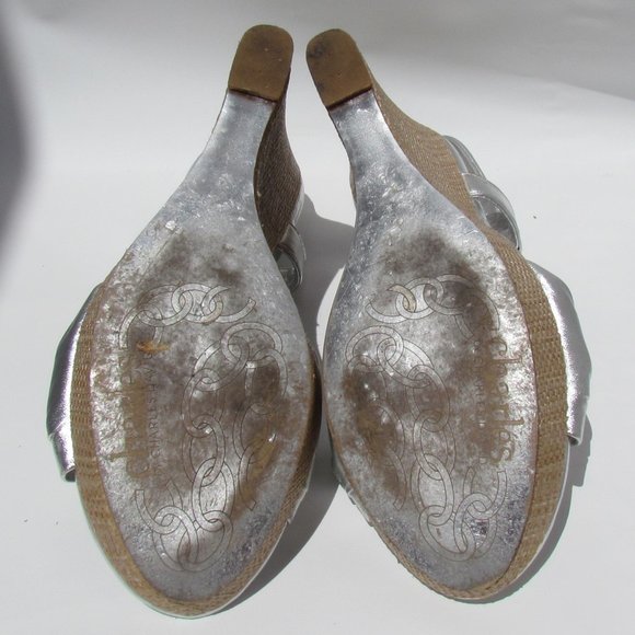 Charles David Notty SILVER SANDALS Platform Rattan Wedge Heel Slingback 9 M - Picture 7 of 8